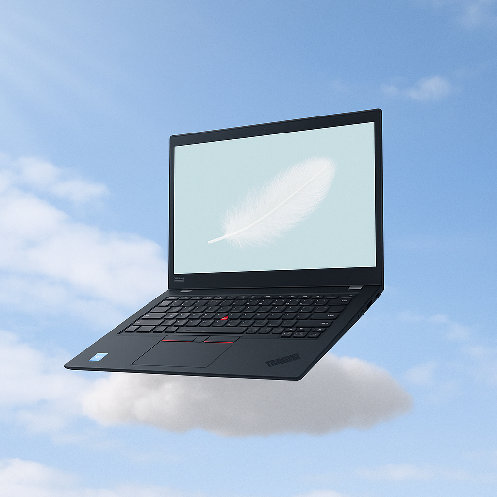 39d900e2 5c5a 4c6f a80e b1024dc664c7 - Lenovo ThinkPad X1 Carbon – derfor er den ideel til moderne virksomheder - myway En sort Lenovo ThinkPad laptop svæver i luften over en blød sky med en blå himmel i baggrunden. På skærmen vises en hvid fjer, som symbol på lethed. Billedet signalerer, at computeren er let, elegant og miljøvenlig – ideel til bæredygtigt IT-forbrug.