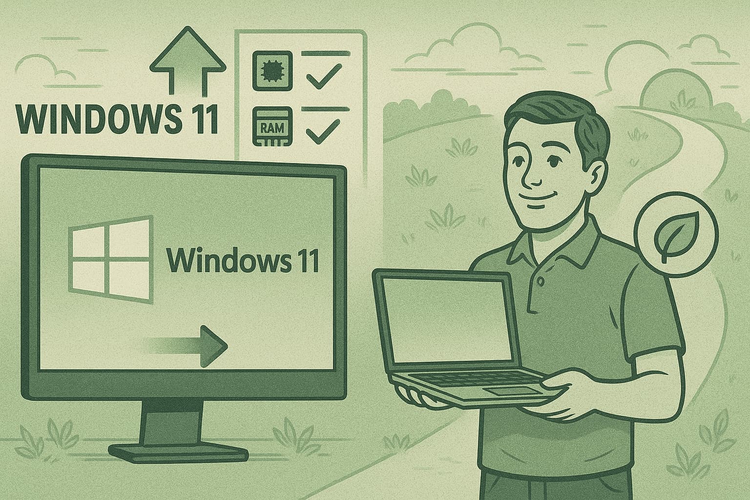 ChatGPT Image 29. aug. 2025 10.47.31 - Windows 10 opdateringer stopper – hvad betyder det for dig? - myway Illustration af mand med bærbar computer foran skærm med Windows 11 logo. Windows 11 kræver nye specifikationer, og med en computer på abonnement fra myway får du både opdateret teknologi og en grøn løsning