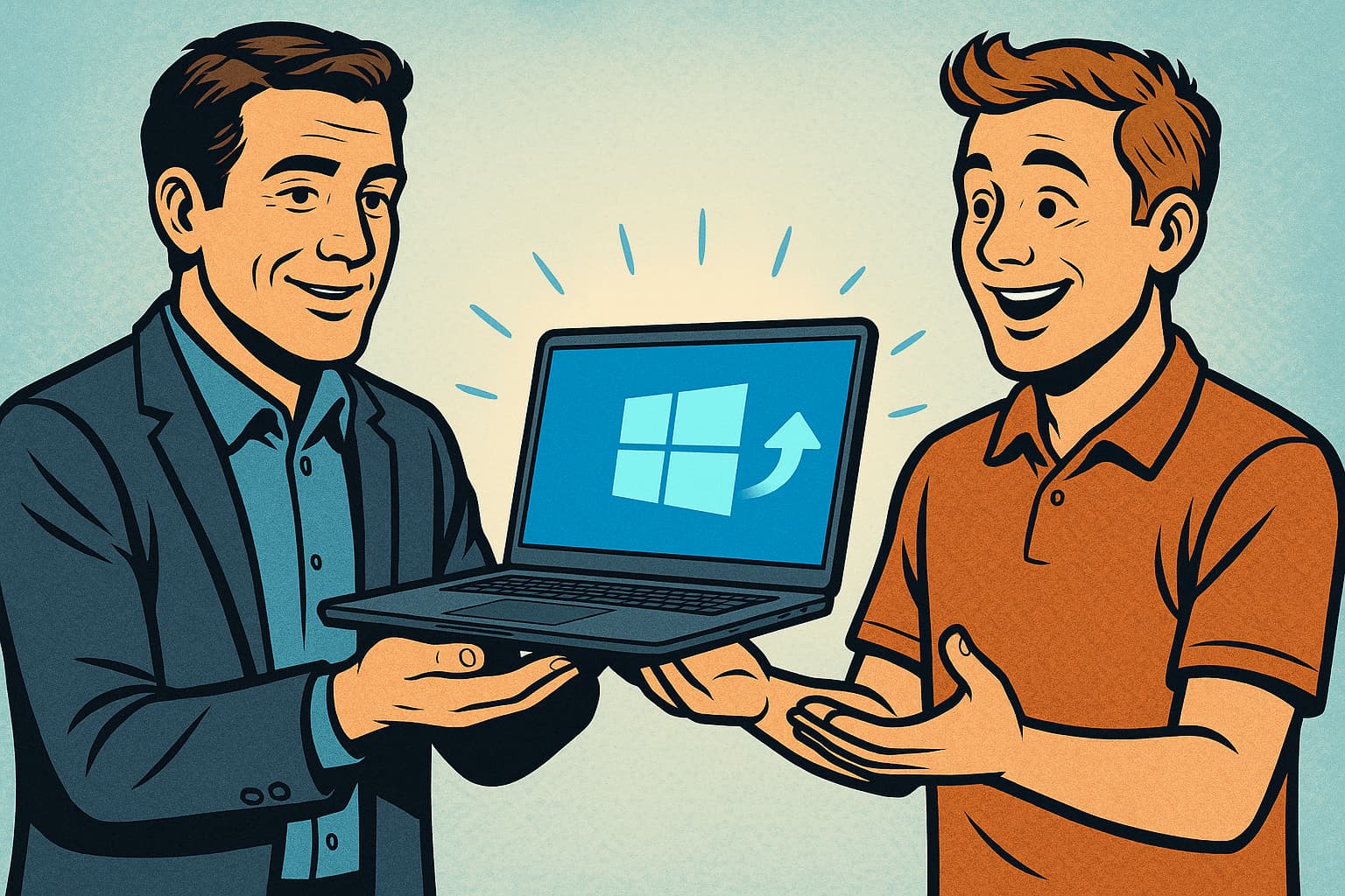 ChatGPT Image 29. aug. 2025 10.57.33 - Windows 10 opdateringer stopper – hvad betyder det for dig? - myway Illustration af to personer, hvor den ene overrækker en bærbar med Windows 11 logo til den anden. Symbol på nem opgradering til Windows 11 med en computer på abonnement fra myway.