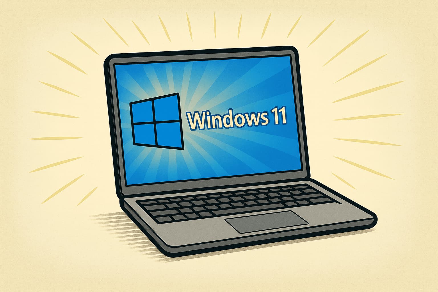 ChatGPT Image 29. aug. 2025 11.09.38 - Windows 10 opdateringer stopper – hvad betyder det for dig? - myway Illustration af bærbar computer med Windows 11 logo på skærmen. Myway tilbyder moderne Windows 11 computere på abonnement, så du altid er opdateret og sikker.