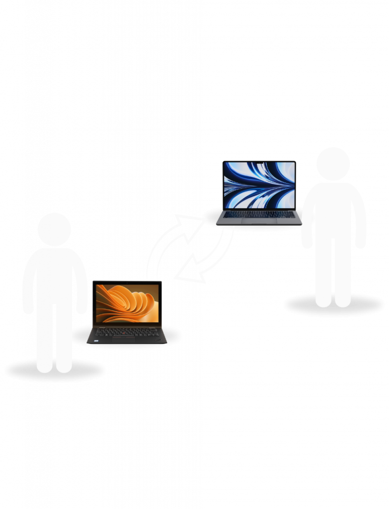 Illustration af to personer, der udveksler bærbare computere som symbol på genbrug og længere levetid for IT-udstyr