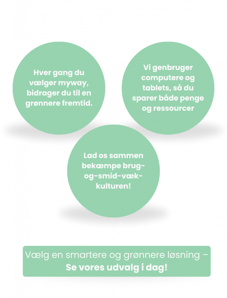 Infografik om myways fokus på genbrug af computere, ressourcebesparelser og en grønnere fremtid