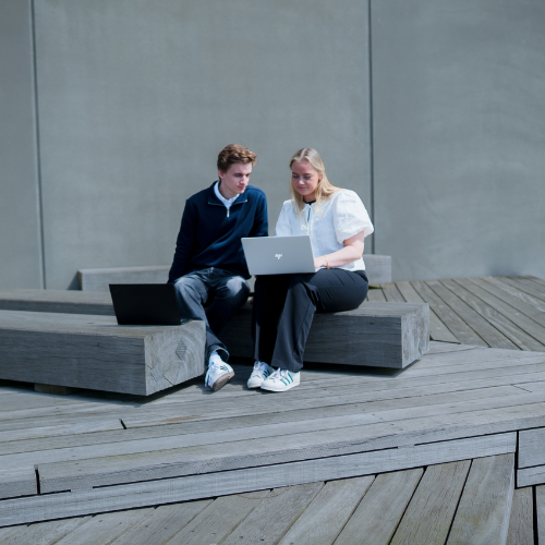 Ung mand og kvinde arbejder sammen på en myway bærbar computer udendørs